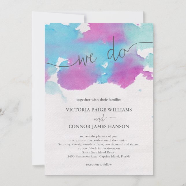 Invitation Mariage d'aquarelle bleu violet des rêves vifs (Devant)