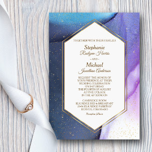 Invitation Mariage d'aquarelle bleu violet or Confetti