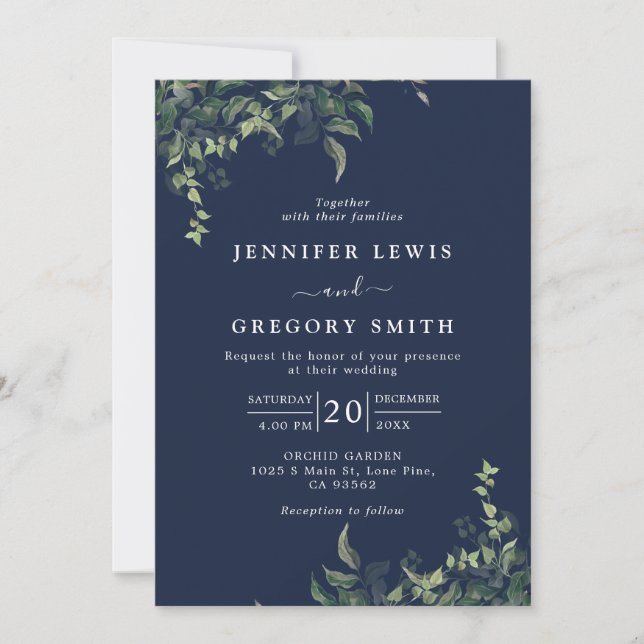 Invitation Mariage d'aquarelle botanique bleu marine (Devant)