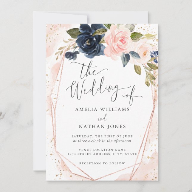 Invitation Mariage d'aquarelle botanique de la Marine rose (Devant)