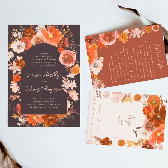 Invitation Mariage d'aquarelle botanique orange de minuit (Invitation showcasing suite - additional items (bought separately))