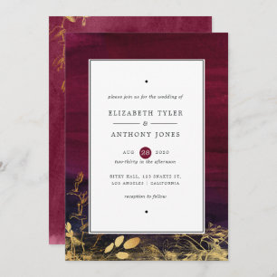 Invitation Mariage d'aquarelle Bourgogne Plum et or