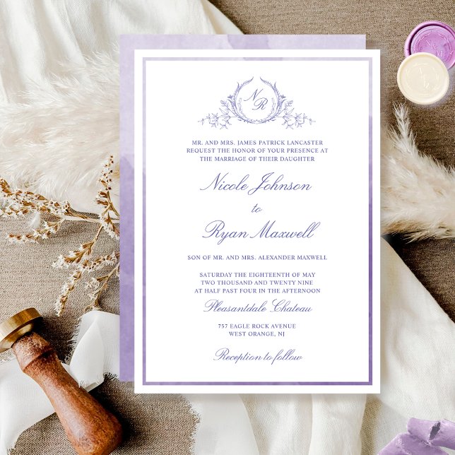 Invitation Mariage d'aquarelle Chic Formel Monogram Lavender (Créateur téléchargé)