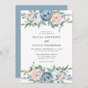 Invitation Mariage d'aquarelle couleur bleu et bleu roux Rose