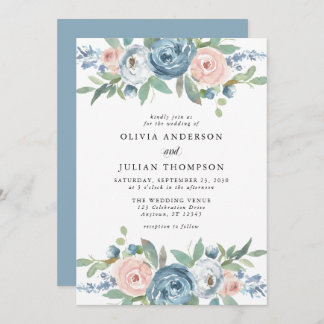 Invitation Mariage d'aquarelle couleur bleu et bleu roux Rose