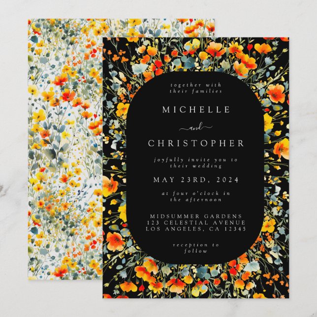 Invitation Mariage d'aquarelle couleur noire (Devant / Derrière)