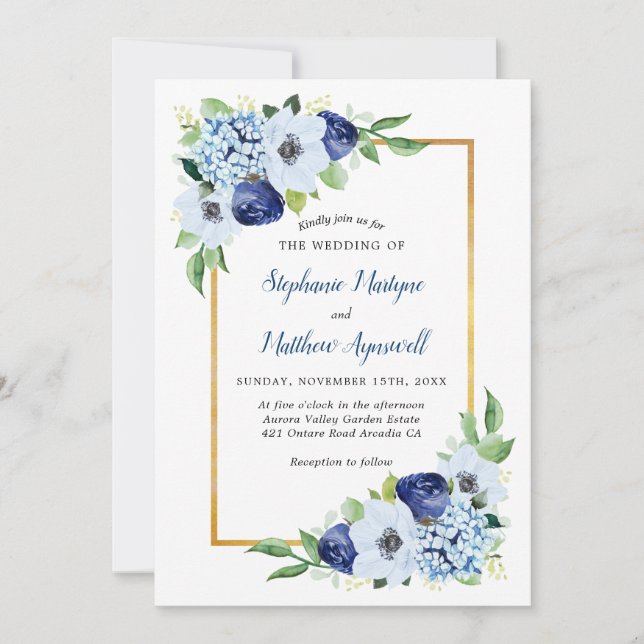 Invitation Mariage d'aquarelle couleur or bleu floral (Devant)