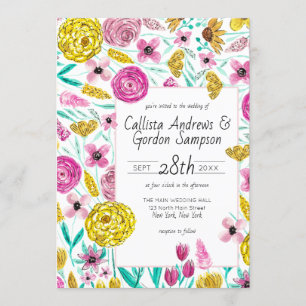 Invitation Mariage d'aquarelle couleur rose-jaune