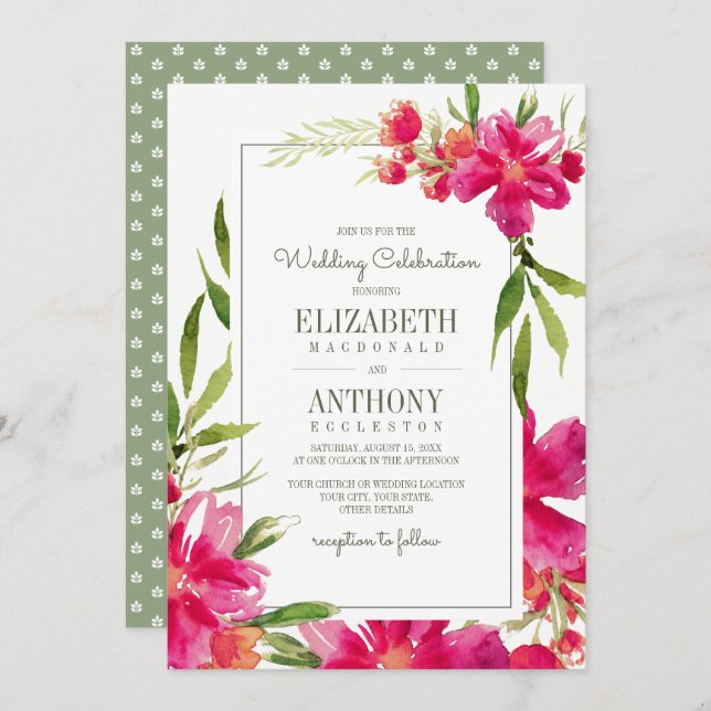 Invitation Mariage d'aquarelle couleur verte Fuchsia (Devant / Derrière)