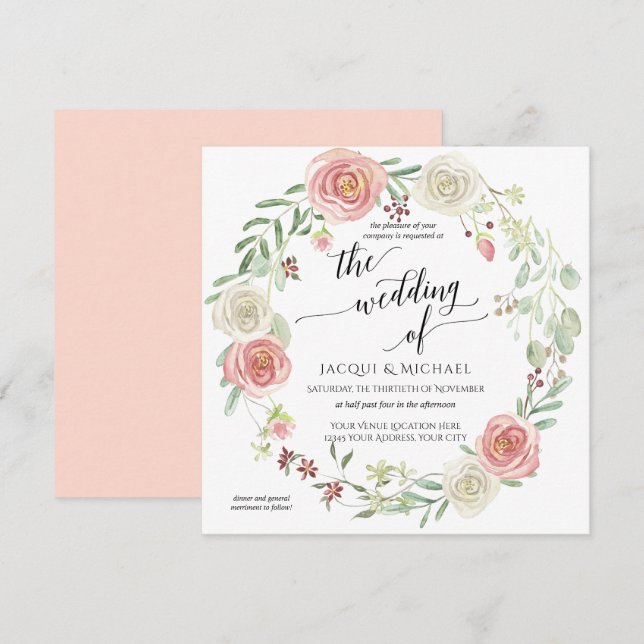 Invitation Mariage d'aquarelle de feuillage de Rose d'ivoire  (Devant / Derrière)