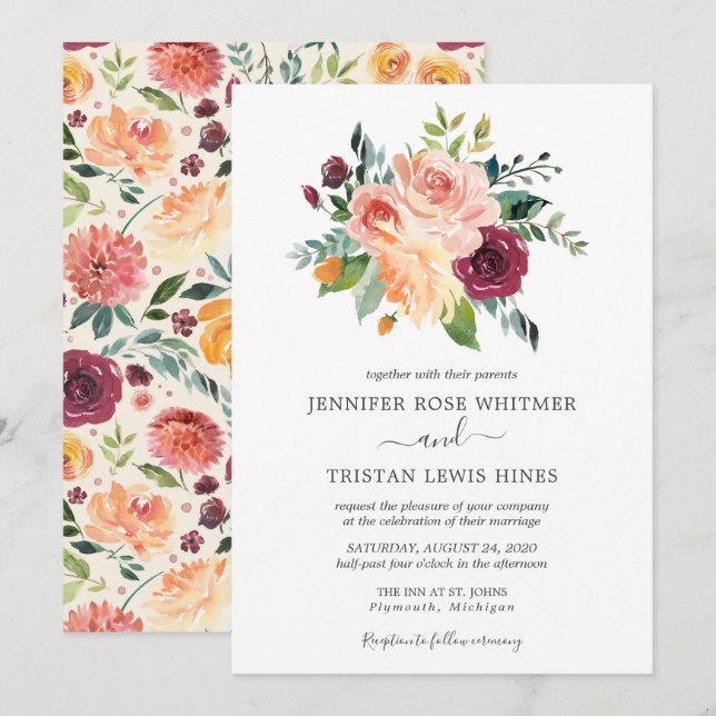 Invitation Mariage d'aquarelle de fleurs végétales toscanes (Devant / Derrière)