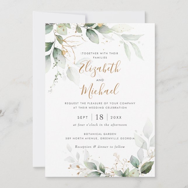 Invitation Mariage d'aquarelle de la branche Feuille vertes (Devant)