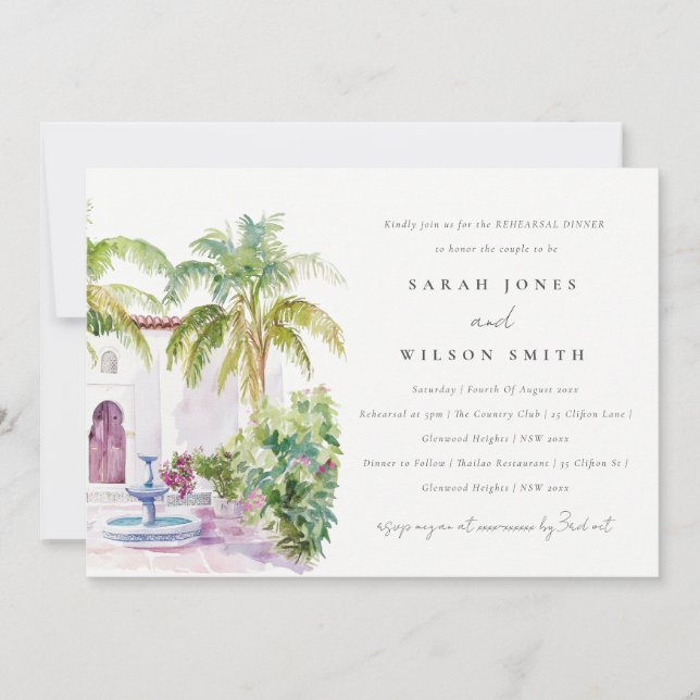Invitation Mariage d'aquarelle de la cour tropicale marocaine (Devant)