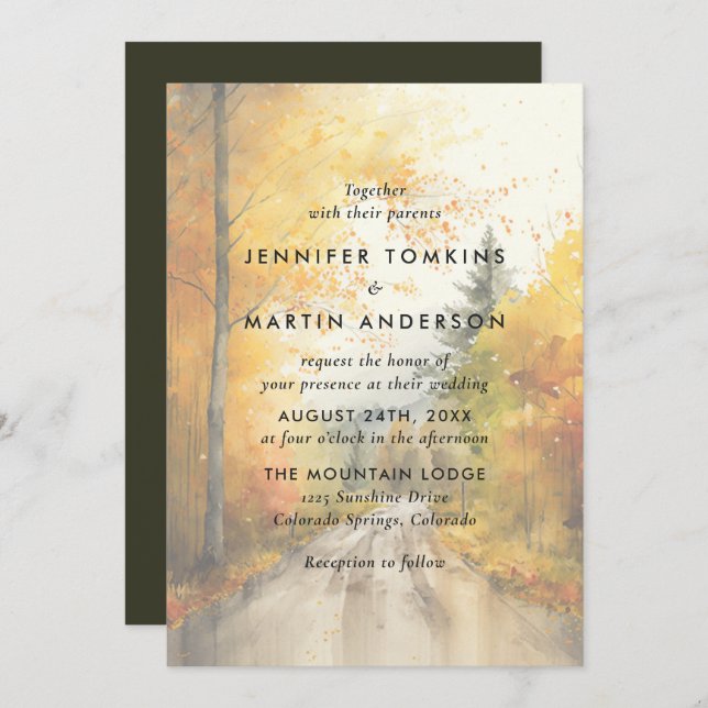 Invitation Mariage d'aquarelle de la forêt d'automne d'automn (Devant / Derrière)