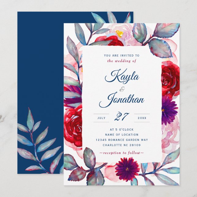 Invitation Mariage d'aquarelle de la marine Burgundy Blush Fl (Devant / Derrière)