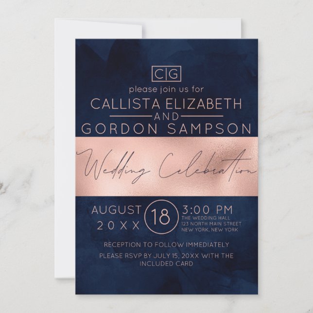 Invitation Mariage d'aquarelle de la marine Rose moderne (Devant)