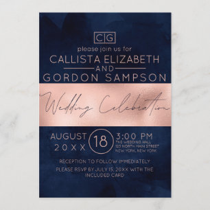 Invitation Mariage d'aquarelle de la marine Rose moderne