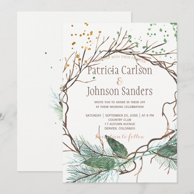 Invitation Mariage d'aquarelle de la nature d'hiver moderne (Devant / Derrière)