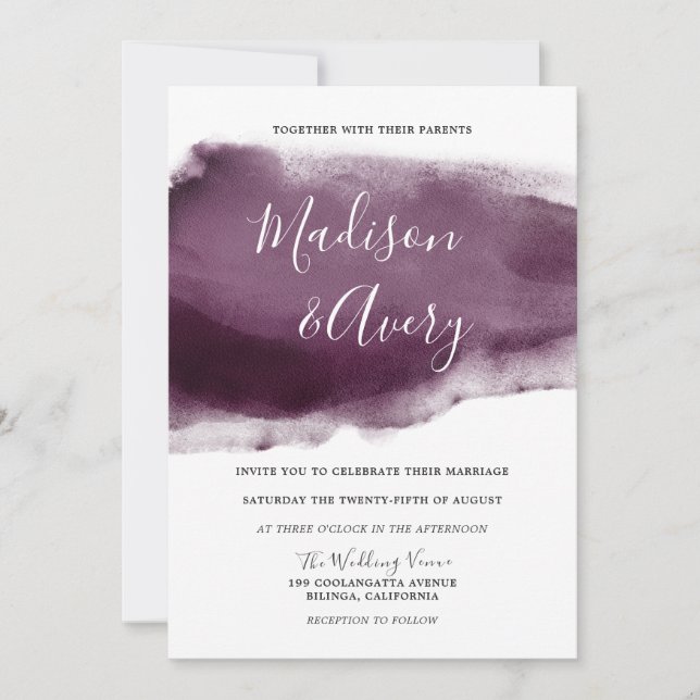 Invitation Mariage d'aquarelle de peinture à prune violet mod (Devant)