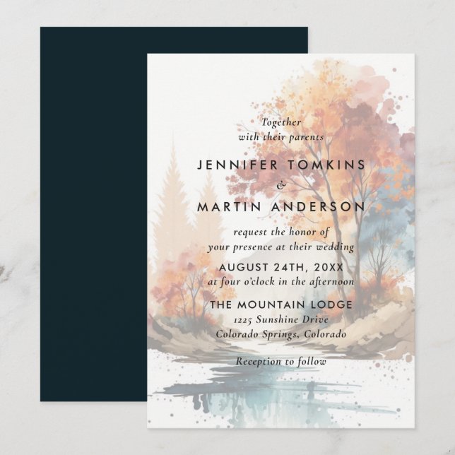 Invitation Mariage d'aquarelle des arbres automnes (Devant / Derrière)