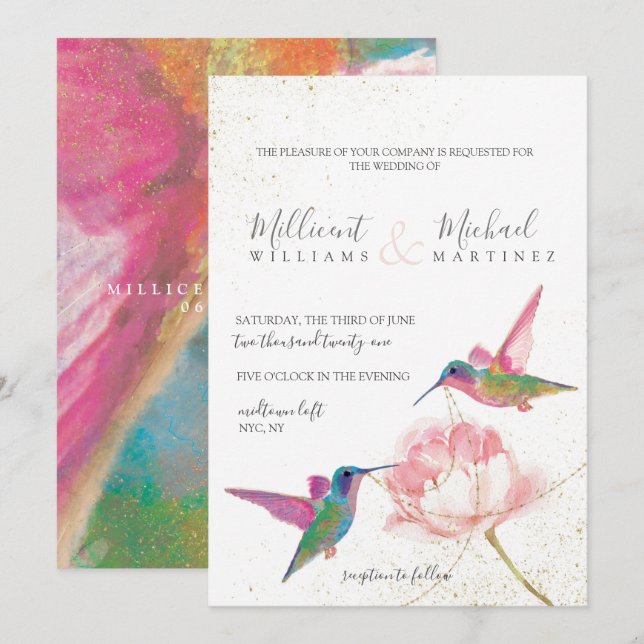 Invitation Mariage d'aquarelle d'or des colibris floraux (Devant / Derrière)
