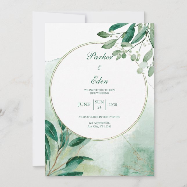 Invitation Mariage d'aquarelle du cercle botanique vert (Devant)
