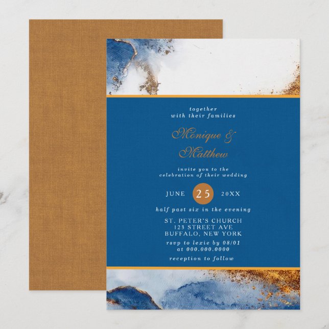 Invitation Mariage d'aquarelle en cuivre rouille bleu (Devant / Derrière)