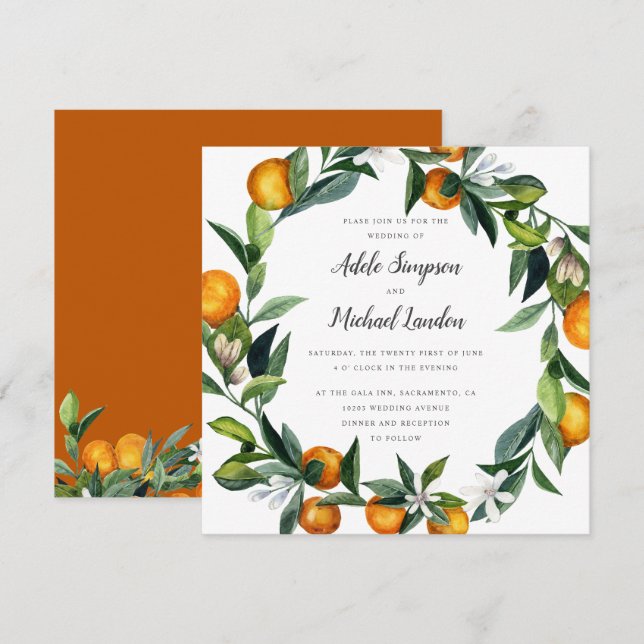 Invitation Mariage d'aquarelle en fer Tangerine Citrus (Devant / Derrière)