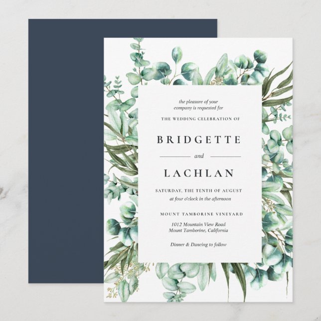 Invitation Mariage d'aquarelle Eucalyptus de verdure rustique (Devant / Derrière)