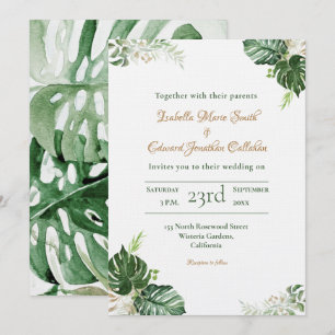 Invitation Mariage d'aquarelle Feuille de Monstera verte trop