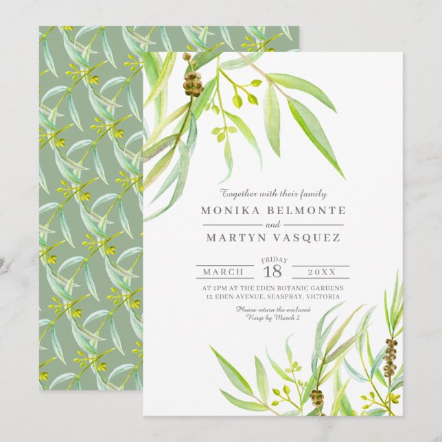 Invitation Mariage d'aquarelle feuille Eucalyptus (Devant / Derrière)