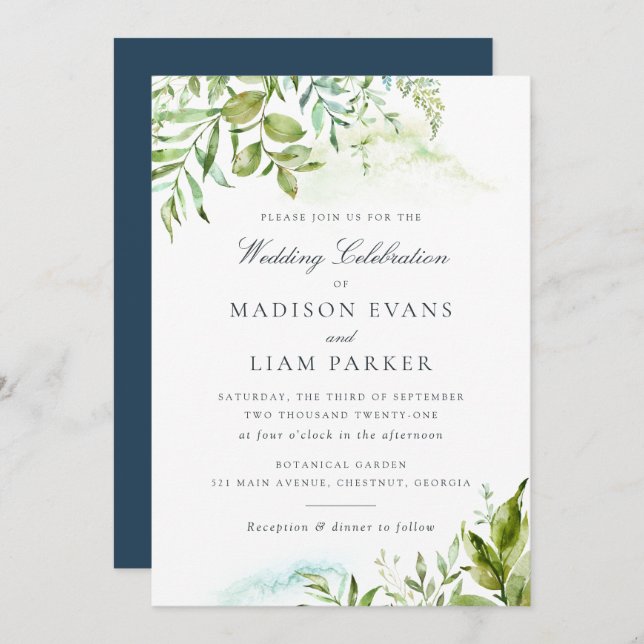 Invitation Mariage d'aquarelle Feuille Foliage vert moderne (Devant / Derrière)