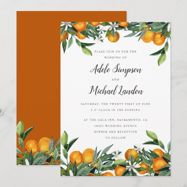 Invitation Mariage d'aquarelle feuille Tangerine Citrus (Devant / Derrière)