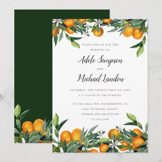Invitation Mariage d'aquarelle feuille Tangerine Citrus (Devant / Derrière)