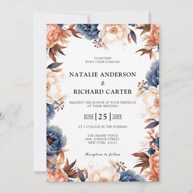 Invitation Mariage d'aquarelle fleurie bleu et terre cuite (Devant)