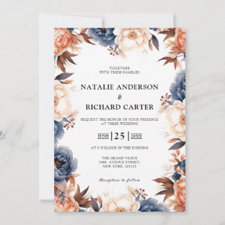 Invitation Mariage d'aquarelle fleurie bleu et terre cuite