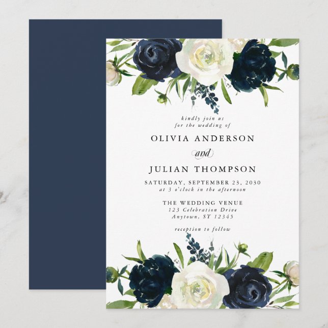 Invitation Mariage d'aquarelle florale blanc bleu marine et c (Devant / Derrière)