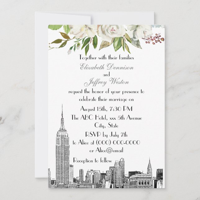 Invitation Mariage d'aquarelle florale blanche NYC Skyline ES (Devant)