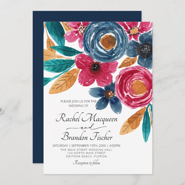 Invitation Mariage d'aquarelle florale bleu Bourgogne (Devant / Derrière)