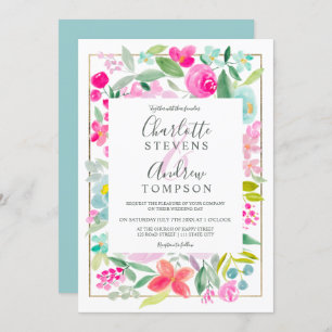 Invitation mariage d'aquarelle florale bleu rose d'été