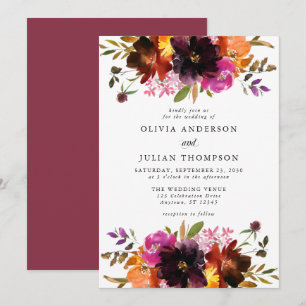 Invitation Mariage d'aquarelle florale de Chute rose Maroon