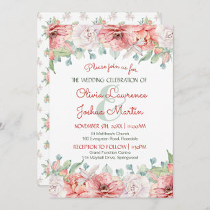 Invitation Mariage d'aquarelle florale de corail rose vif mod