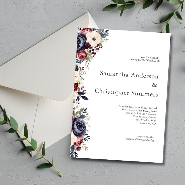 Invitation Mariage d'aquarelle florale de crème marine de Bou (Burgundy Navy Cream Watercolor Floral Elegant Modern Wedding Invitation)