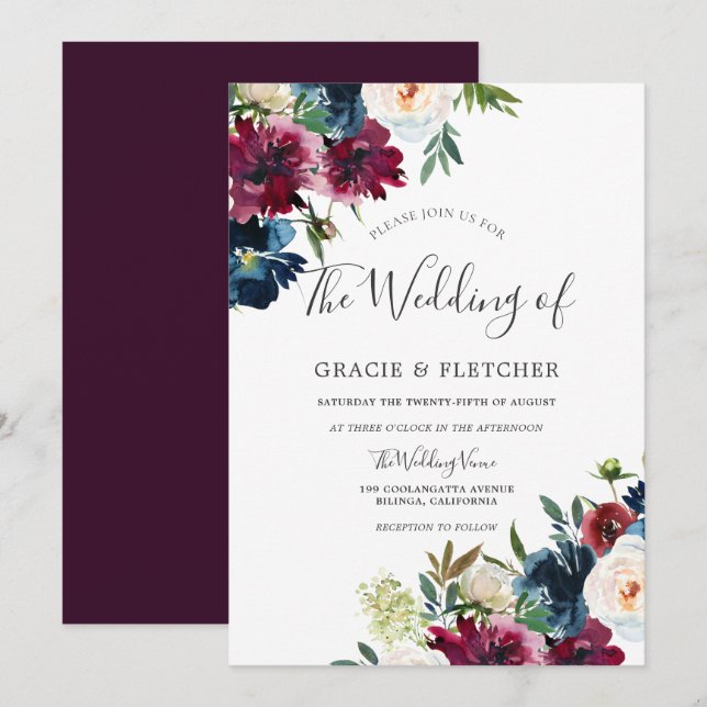Invitation Mariage d'aquarelle florale élégant de la marine e (Devant / Derrière)
