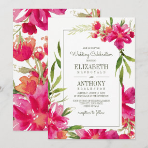 Invitation Mariage d'aquarelle florale Fuchsia vert romantiqu