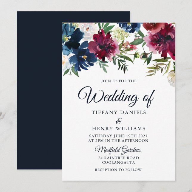 Invitation Mariage d'aquarelle florale marine et bourguignonn (Devant / Derrière)