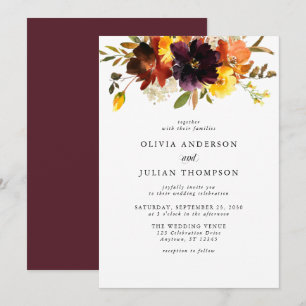 Invitation Mariage d'aquarelle florale Maroon & Orange Fall I