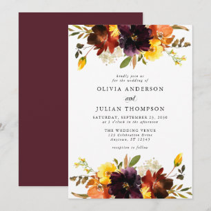 Invitation Mariage d'aquarelle florale Maroon & Orange Fall I