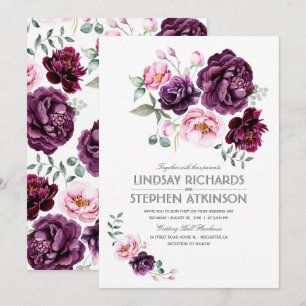 Invitation Mariage d'aquarelle florale Plum Bourgogne et Blus