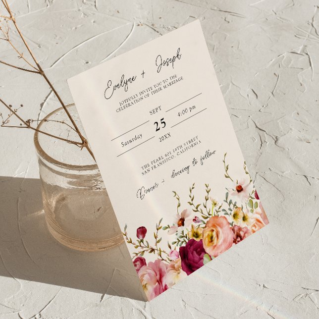 Invitation Mariage d'aquarelle florale rose de Bourgogne (Créateur téléchargé)